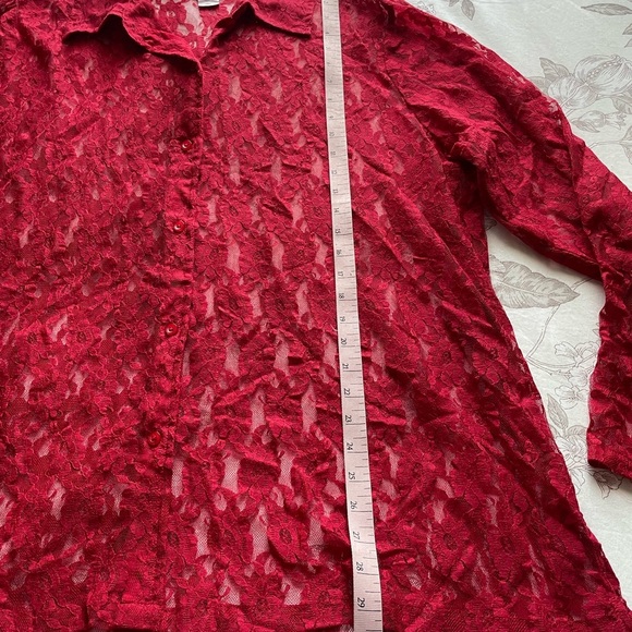 Vintage 90s Red Floral Lace Sheer Button Up Shirt 2X Whimsigoth Vamp Academia - Picture 6 of 6
